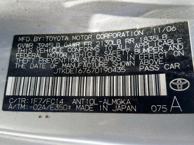 JTKDE167670190435 - 2007 TOYOTA SCION TC SILVER photo 10