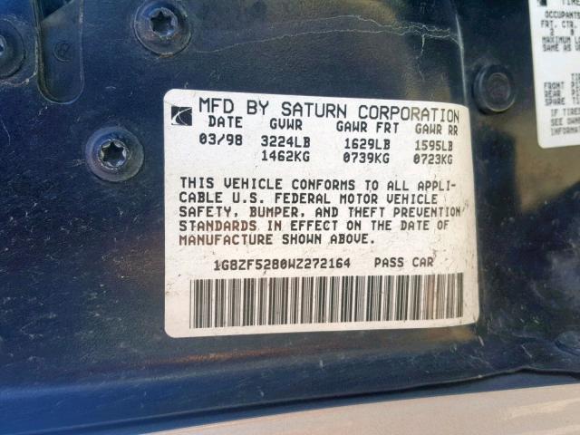 1G8ZF5280WZ272164 - 1998 SATURN SL SILVER photo 10