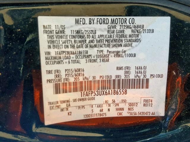 1FAFP53UX6A186558 - 2006 FORD TAURUS SE BLACK photo 10