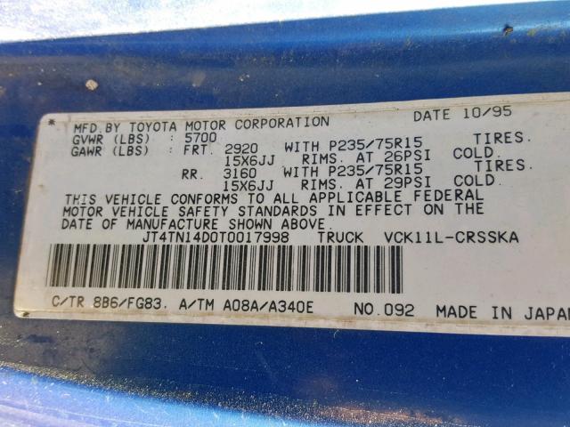 JT4TN14D0T0017998 - 1996 TOYOTA T100 XTRAC BLUE photo 10