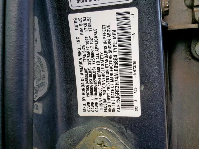 5J6RE3H74AL005854 - 2010 HONDA CR-V EXL GRAY photo 10