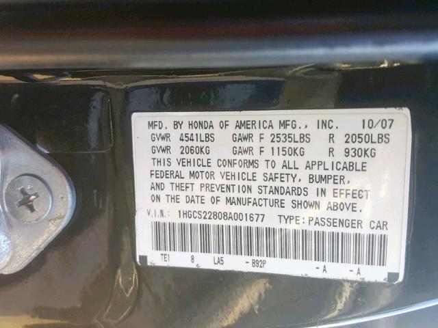 1HGCS22808A001677 - 2008 HONDA ACCORD EXL GRAY photo 10