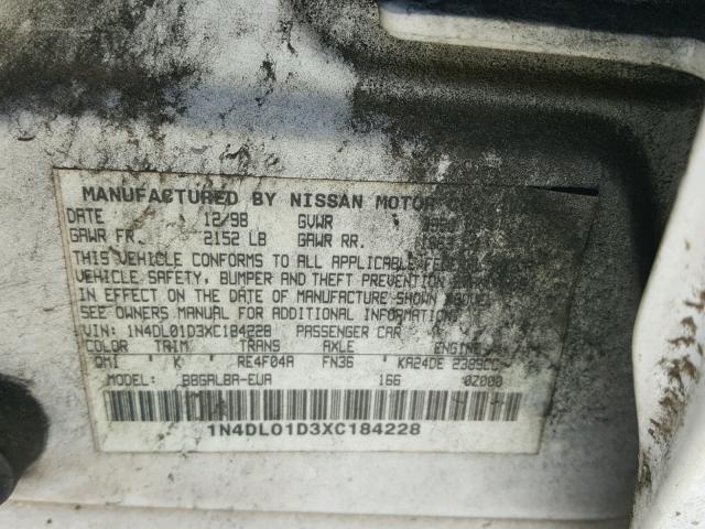 1N4DL01D3XC184228 - 1999 NISSAN ALTIMA XE WHITE photo 10