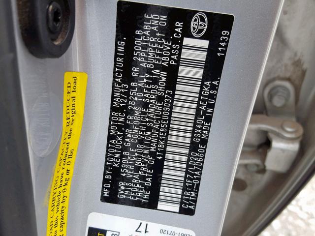 4T1BK1EB5EU090373 - 2014 TOYOTA AVALON BAS SILVER photo 10