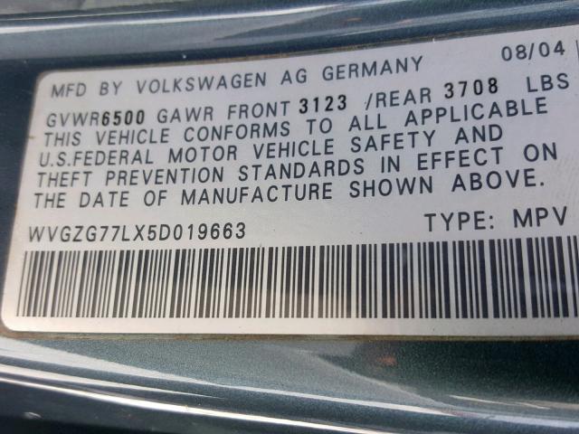 WVGZG77LX5D019663 - 2005 VOLKSWAGEN TOUAREG 3. GREEN photo 10