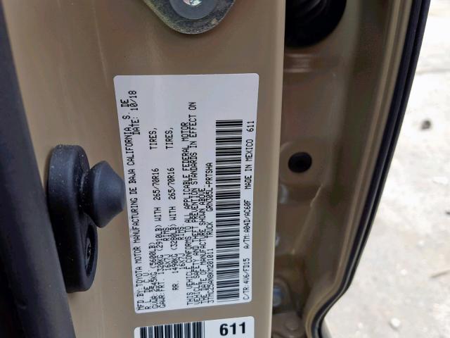 3TMCZ5AN8KM201011 - 2019 TOYOTA TACOMA DOU BEIGE photo 10