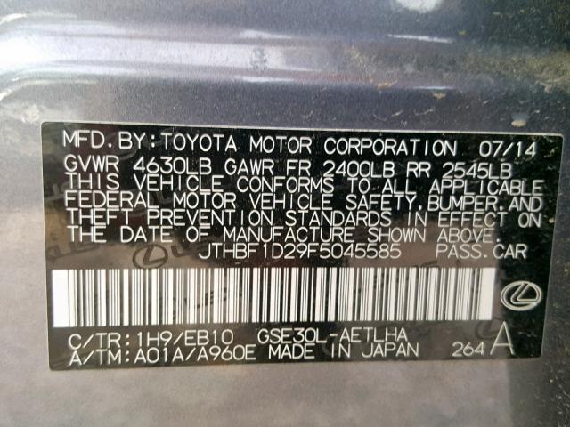 JTHBF1D29F5045585 - 2015 LEXUS IS 250 GRAY photo 10