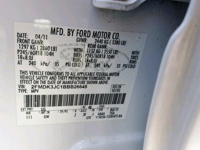 2FMDK3JC1BBB26645 - 2011 FORD EDGE SEL WHITE photo 10