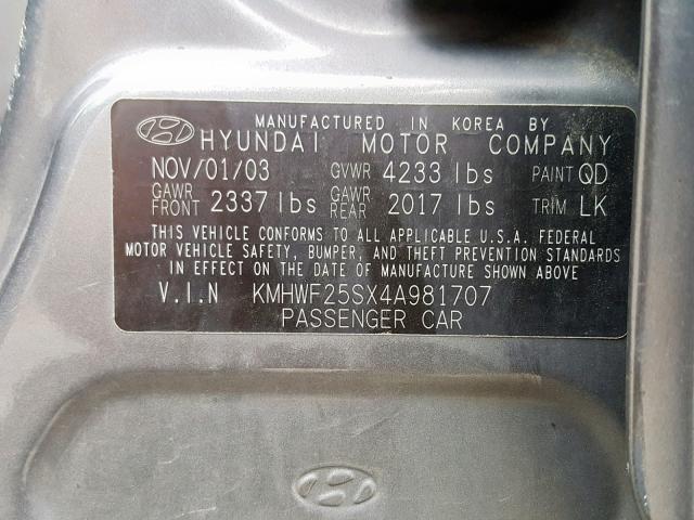 KMHWF25SX4A981707 - 2004 HYUNDAI SONATA GL SILVER photo 10