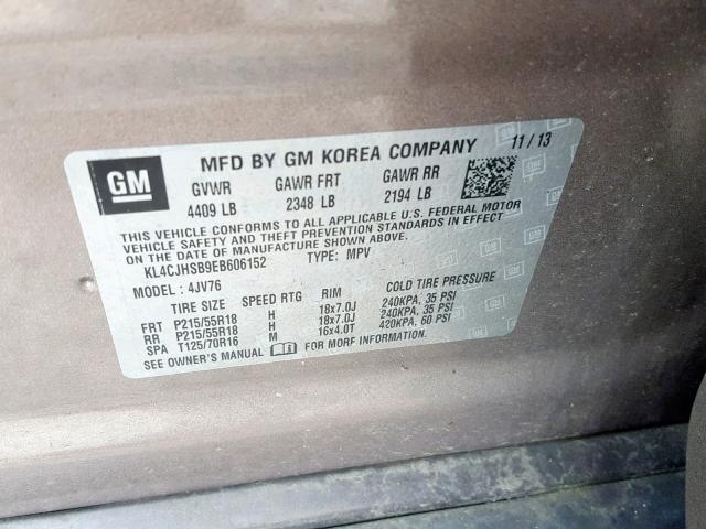 KL4CJHSB9EB606152 - 2014 BUICK ENCORE PRE SILVER photo 10