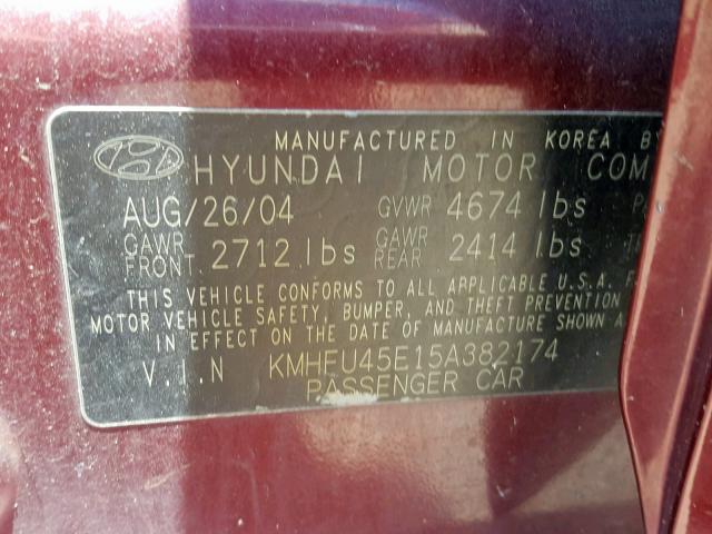 KMHFU45E15A382174 - 2005 HYUNDAI XG 350 MAROON photo 10