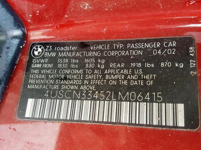4USCN33452LM06415 - 2002 BMW Z3 2.5 RED photo 10