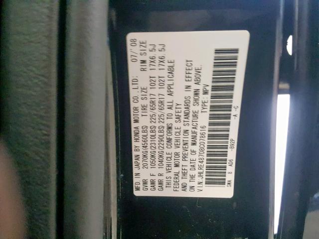 JHLRE48708C078616 - 2008 HONDA CR-V EXL BLACK photo 10