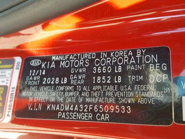 KNADM4A32F6509533 - 2015 KIA RIO LX RED photo 10