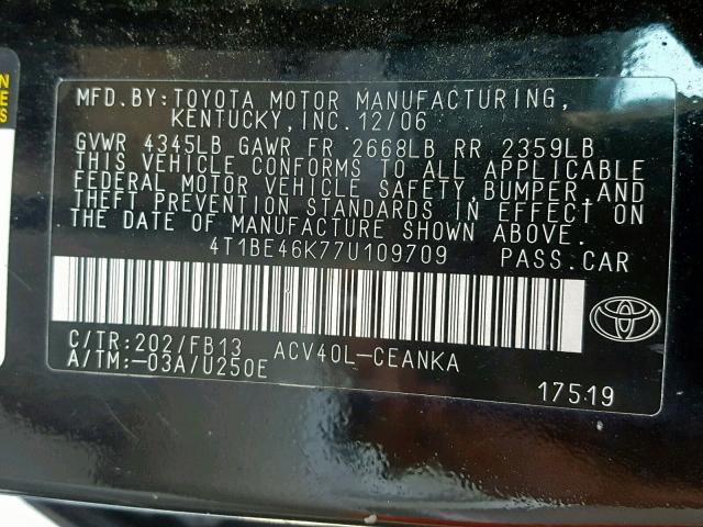 4T1BE46K77U109709 - 2007 TOYOTA CAMRY NEW BLACK photo 10