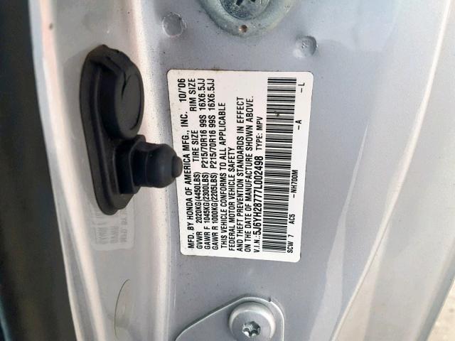 5J6YH28777L002498 - 2007 HONDA ELEMENT EX SILVER photo 10