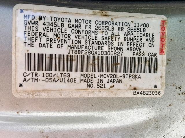 JT8BF28GX10300827 - 2001 LEXUS ES 300 GRAY photo 10