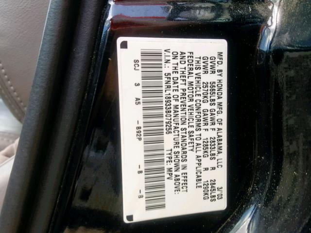 5FNRL18933B079256 - 2003 HONDA ODYSSEY EX BLACK photo 10