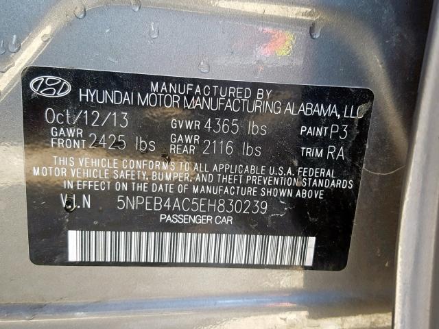 5NPEB4AC5EH830239 - 2014 HYUNDAI SONATA GLS GRAY photo 10