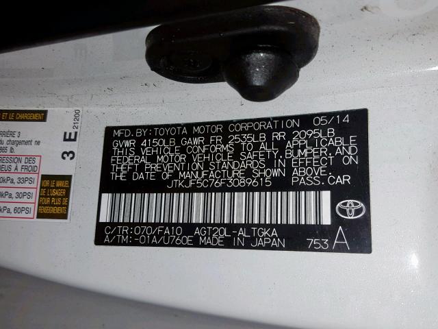 JTKJF5C76F3089615 - 2015 TOYOTA SCION TC WHITE photo 10