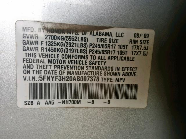 5FNYF3H20AB007378 - 2010 HONDA PILOT LX SILVER photo 10