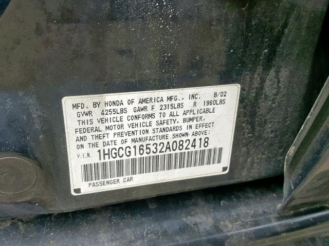 1HGCG16532A082418 - 2002 HONDA ACCORD EX BLACK photo 10