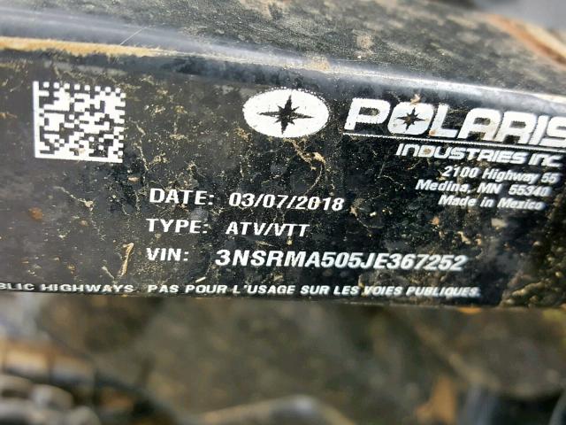 3NSRMA505JE367252 - 2018 POLARIS RANGER 500 BLACK photo 10