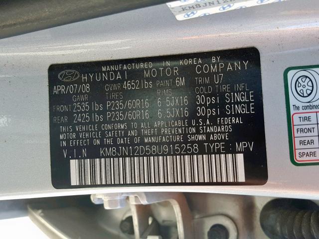 KM8JN12D58U915258 - 2008 HYUNDAI TUCSON SE SILVER photo 10