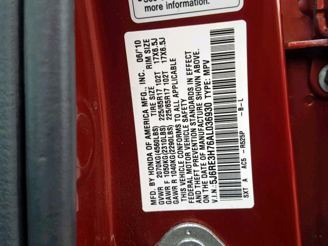 5J6RE3H76AL036930 - 2010 HONDA CR-V EXL RED photo 10