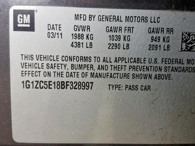 1G1ZC5E18BF328997 - 2011 CHEVROLET MALIBU 1LT GRAY photo 10