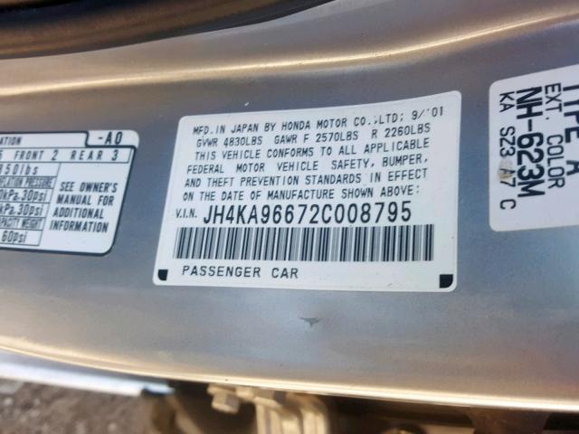 JH4KA96672C008795 - 2002 ACURA 3.5RL SILVER photo 10