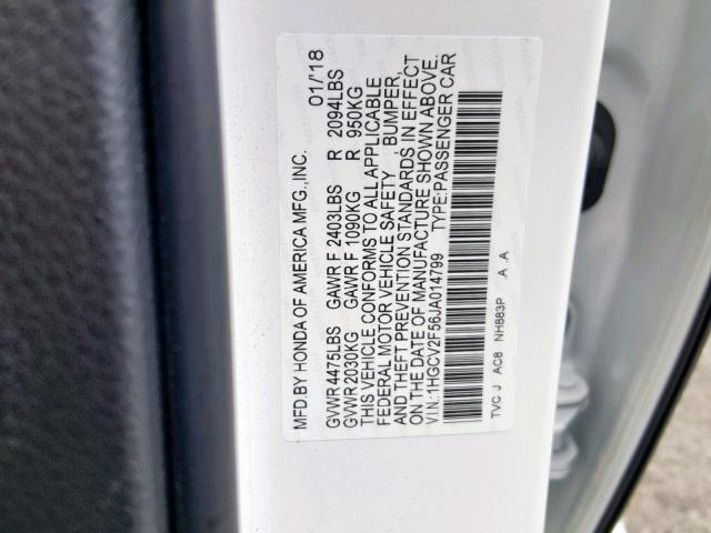 1HGCV2F56JA014799 - 2018 HONDA ACCORD EXL WHITE photo 10