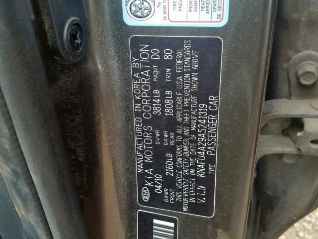 KNAFU4A29A5241319 - 2010 KIA FORTE EX GRAY photo 10