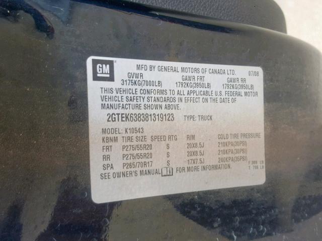 2GTEK638381319123 - 2008 GMC NEW SIERRA BLACK photo 10