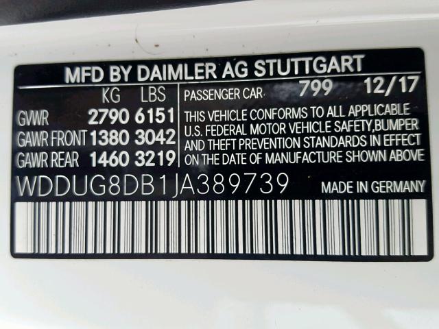 WDDUG8DB1JA389739 - 2018 MERCEDES-BENZ S 560 WHITE photo 10