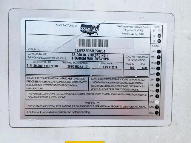 1JJV532D5JL090231 - 2018 UTILITY TRAILER WHITE photo 10