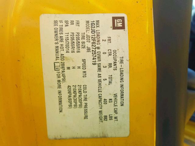 1G2JD12F627257419 - 2002 PONTIAC SUNFIRE GT YELLOW photo 10