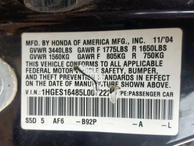 1HGES16485L007222 - 2005 HONDA CIVIC DX BLACK photo 10