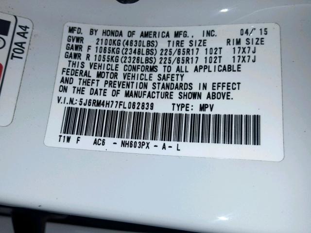 5J6RM4H77FL062839 - 2015 HONDA CR-V EXL WHITE photo 10