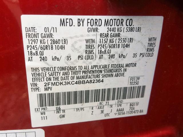 2FMDK3KC4BBA82364 - 2011 FORD EDGE LIMIT RED photo 10