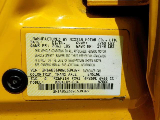 3N1AB51D86L534164 - 2006 NISSAN SENTRA SE- YELLOW photo 10