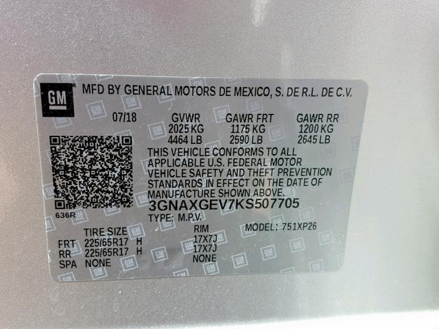 3GNAXGEV7KS507705 - 2019 CHEVROLET EQUINOX L SILVER photo 10