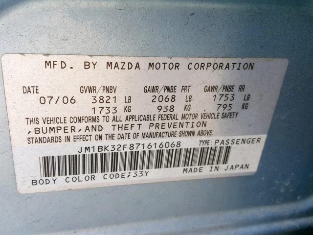 JM1BK32F871616068 - 2007 MAZDA 3 I BLUE photo 10