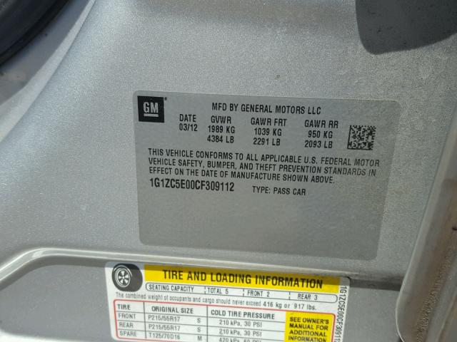 1G1ZC5E00CF309112 - 2012 CHEVROLET MALIBU 1LT SILVER photo 10