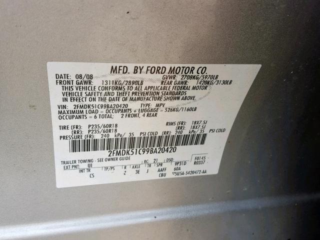 2FMDK51C99BA20420 - 2009 FORD FLEX SE SILVER photo 10