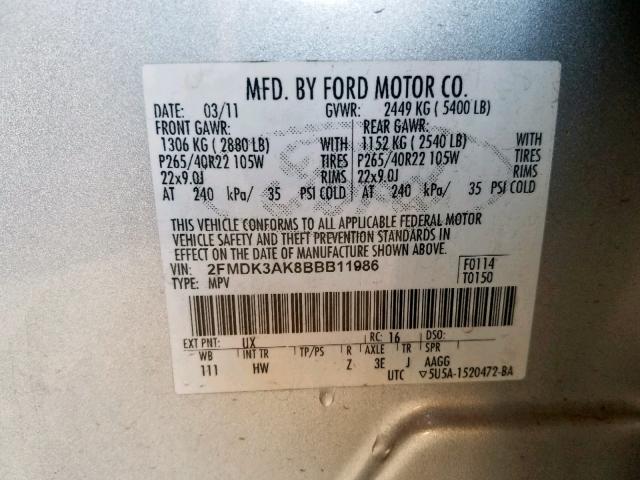 2FMDK3AK8BBB11986 - 2011 FORD EDGE SPORT SILVER photo 10