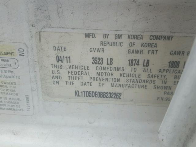 KL1TD5DE0BB232262 - 2011 CHEVROLET AVEO LS WHITE photo 10