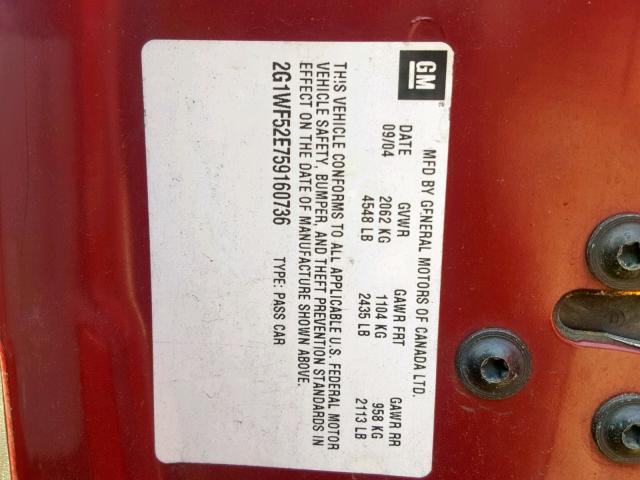 2G1WF52E759160736 - 2005 CHEVROLET IMPALA RED photo 10