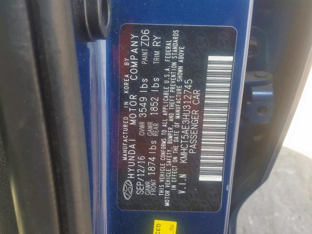 KMHCT5AE3HU312745 - 2017 HYUNDAI ACCENT SE BLUE photo 10