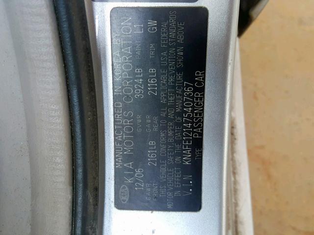 KNAFE121475407367 - 2007 KIA SPECTRA EX SILVER photo 10